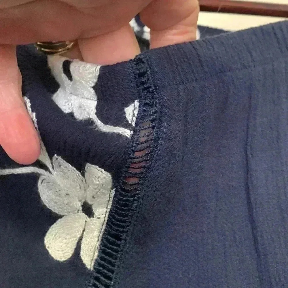 Forgotten Grace light and airy navy blue boho off the shoulders top w em… - Picture 9 of 12